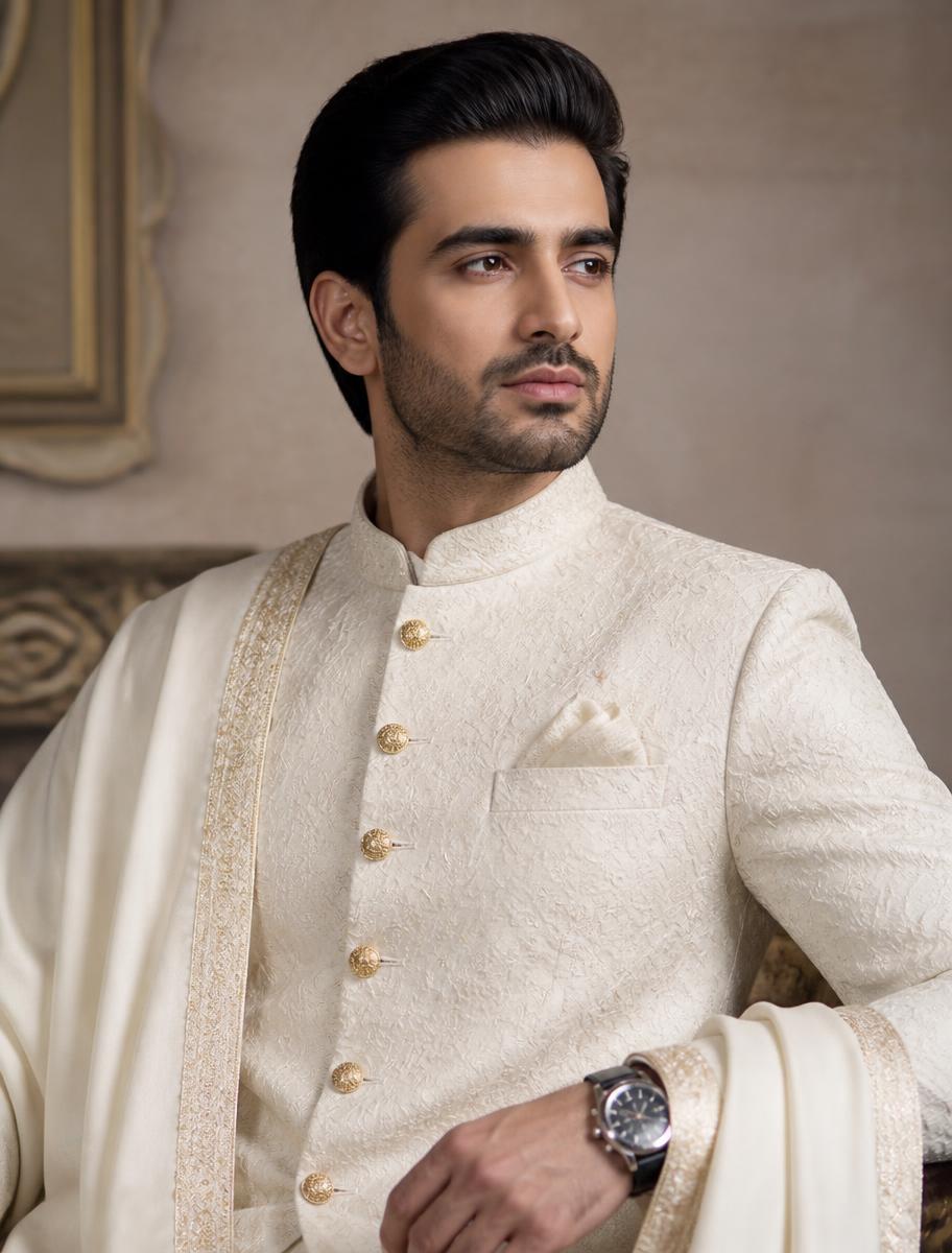 Groom in an ivory sherwani with gold buttons