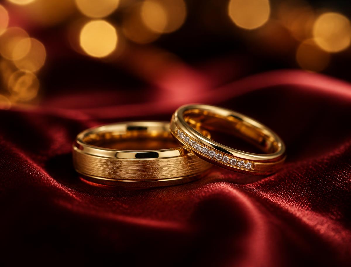 Two gold wedding rings resting on crimson silk